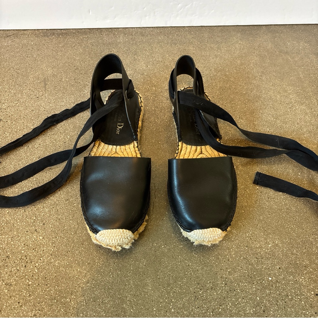 Christian Dior Black Leather Espadrille Flats Made In Italy